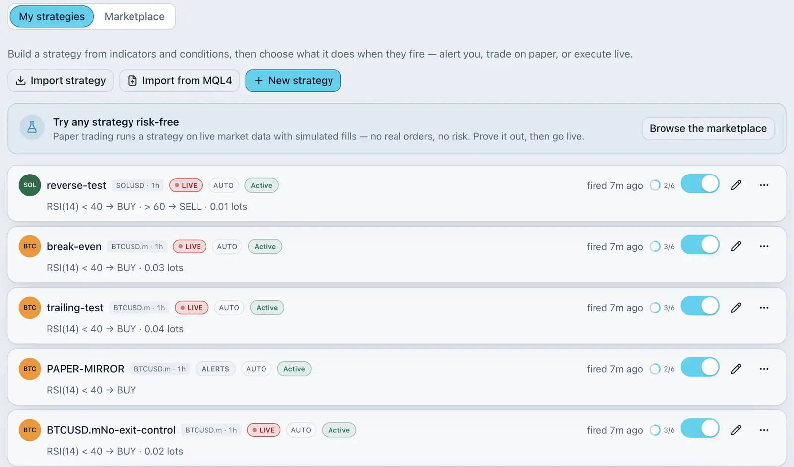 Trading Lab: strategy list with live, alert and paper-trading strategies
